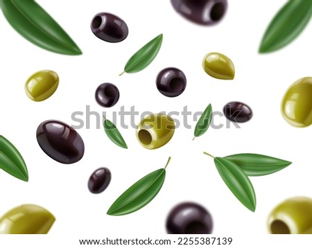 Falling olives. Realistic flying vegetables, white background, 3d isolated plant products, green and black with leaves, mediterranean natural food, botanical backdrop, utter vector concept