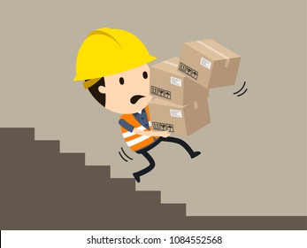 falling on the stairs with a heavy load, Vector illustration, Safety and accident, Industrial safety cartoon