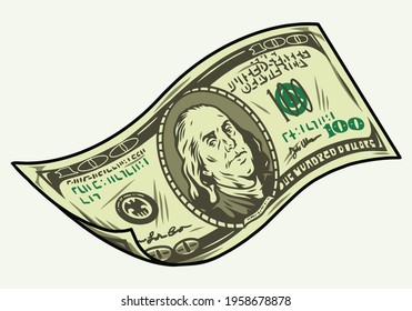 Falling one hundred US dollar bill in vintage style isolated vector illustration