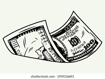 Falling one hundred US dollar banknote in vintage monochrome style isolated vector illustration