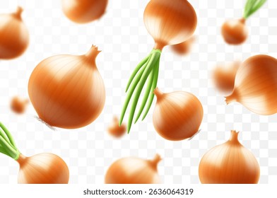 Cebolla que cae, aislada en fondo transparente, foco selectivo. Cebolla voladora con efecto borroso. Puede ser utilizado para la publicidad, el empaquetado, el Anuncio, el cartel. Ilustración vectorial 3D realista