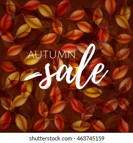 Falling orange leaves on dark background. Autumn sale . Web banner or poster for e-commerce, on-line cosmetics shop, fashion & beauty shop, store. Vector illustration. EPS 10