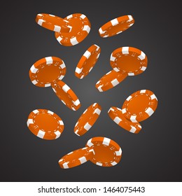 Falling orange poker chips on dark background. Vector illustration.