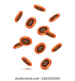 Falling orange poker chips on white background. Vector illustration.