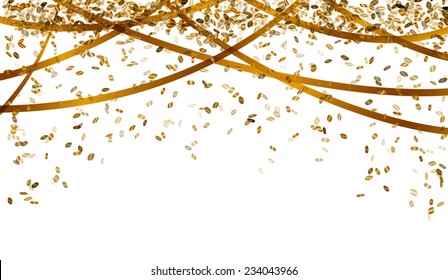 falling oval confetti and ribbons with gold color