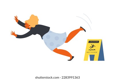 Mujer de pánico en caída, trángulo amarillo de suelo mojado de señalización de estilo plano, ilustración vectorial aislada en fondo blanco. Carácter emocional, limpieza, elemento de diseño