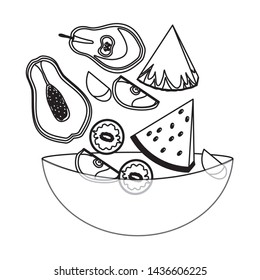 falling papaya watermelon kiwi apple pear in bowl tropical fruits vector illustration