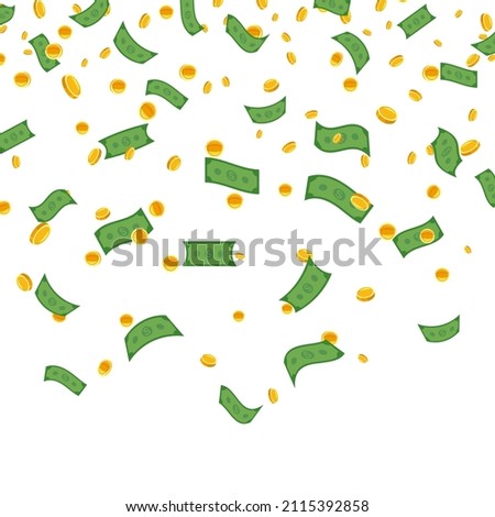 Falling paper banknotes, gold coins, dollar money rain. Flying money earnings luck, fortune in lottery. Vector white background