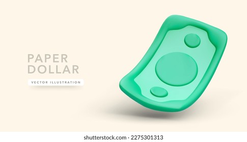 Falling paper dollar with shadow in 3d realistic style isolated on yellow background. Vector illustration 