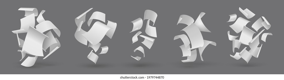 Falling paper. Realistic flying pages. Blown away 3D white sheets. Clear paperwork letters. Group of isolated curved empty documents set. Vector loose soar of notes with curled edges