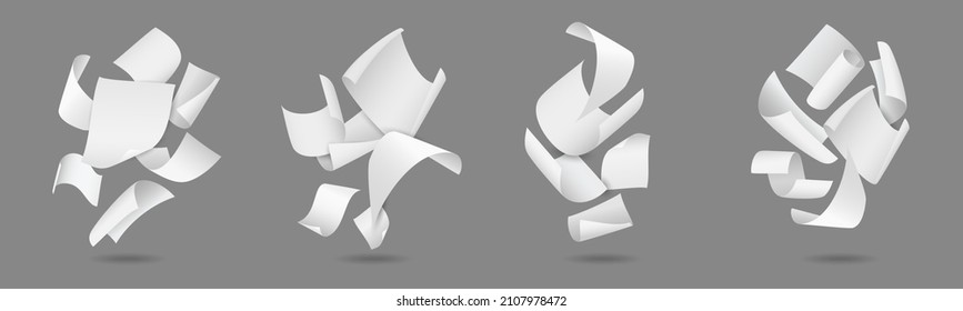 Falling paper. Realistic flying sheets chaotic compositions. Curled notepaper. Blank pages swirls. Curve 3D objects. Isolated twisted documents and letters. Vector