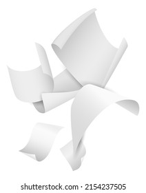 Falling paper. Realistic flying sheets chaotic composition. White notepaper with folded edges. Bent blank pages swirls. Soaring letters or documents. Vector scattered