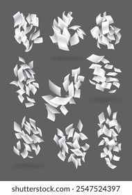 Falling paper sheets collection. Set of flying curved leaves of paper. Vector loose soar of notes with curled edges. Fly scattered notes, empty chaotic paperwork