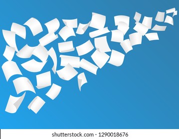 Falling paper sheets with curved corners in the sky . Blank paper sheet flying on blue background. White office documents over blue layout. Paperwork, advertisement, bureaucracy. Vector