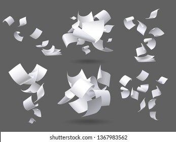 Falling paper sheets. Flying papers pages, white sheet documents and blank document page on wind. Fly scattered notes, empty chaotic paperwork. Isolated vector illustration signs set