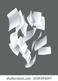 Falling paper sheets. Set of flying curved leaves of paper. Vector loose soar of notes with curled edges. Fly scattered notes, empty chaotic paperwork