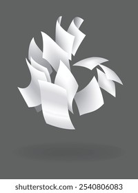 Falling paper sheets. Set of flying curved leaves of paper. Vector loose soar of notes with curled edges. Fly scattered notes, empty chaotic paperwork