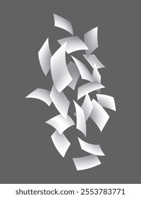 Falling paper sheets. Set of flying curved leaves of paper. Vector loose soar of notes with curled edges. Fly scattered notes, empty chaotic paperwork