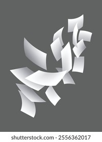 Falling paper sheets. Set of flying curved leaves of paper. Vector loose soar of notes with curled edges. Fly scattered notes, empty chaotic paperwork