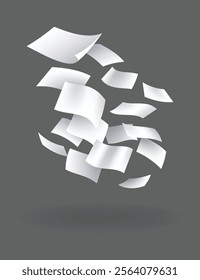 Falling paper sheets. Set of flying curved leaves of paper. Vector loose soar of notes with curled edges. Fly scattered notes, empty chaotic paperwork