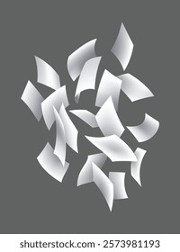 Falling paper sheets. Set of flying curved leaves of paper. Vector loose soar of notes with curled edges. Fly scattered notes, empty chaotic paperwork