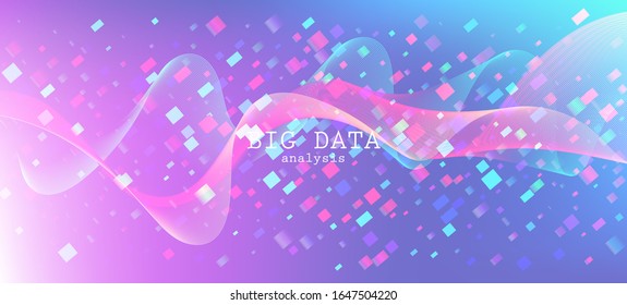 Falling Particles Distressed Purple Vector. Data Analytics Cool Banner. 3D Fluid Shapes Layout. Pink Blue Purple Futuristic Gradient Overlay. Big Data Neon Wallpaper. Grunge Geometric Background.