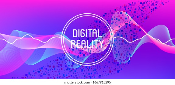 Fallende Teilchen störten violette Vektorillustration. brüchiger geometrischer Hintergrund. Rosa blauer violetter Farbverlauf-Overlay. Big Data Neon Hintergrund. 3D Flussformen Layout. Data Stream Minimal Banner.