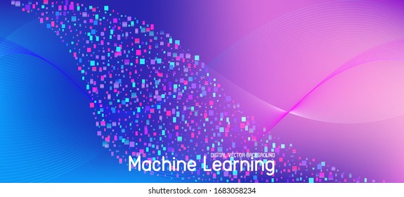 Partículas En Disminución Vector Púrpura. Banner Mínimo de Flujo de Datos. Superposición de degradado futurista rosa azul morado. Papel de escritorio de Big Data Neon. Fondo geométrico del fragmento. Diseño de formas líquidas 3D.