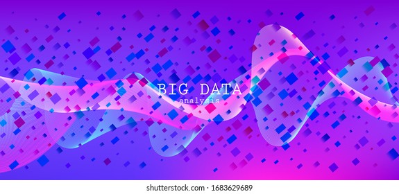Falling Particles Distressed Purple Vector. 3D Fluid Shapes Layout. Big Data Neon Background. Cyber Geometric Background. Pink Blue Purple Futuristic Gradient Overlay. Data Analytics Cool Banner.