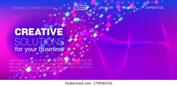 Falling Particles Distressed Purple Vector. Big Data Neon Background. Pink Blue Purple Futuristic Gradient Overlay. Data Analytics Cool Banner. 3D Flow Shapes Layout. Cyber Geometric Background.