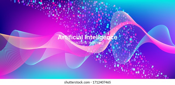 Falling Particles Distressed Purple Vector. Data Analytics Cool Banner. 3D Flow Shapes Poster. Big Data Neon Wallpaper. Punk Geometric Background. Pink Blue Purple Futuristic Gradient Overlay.