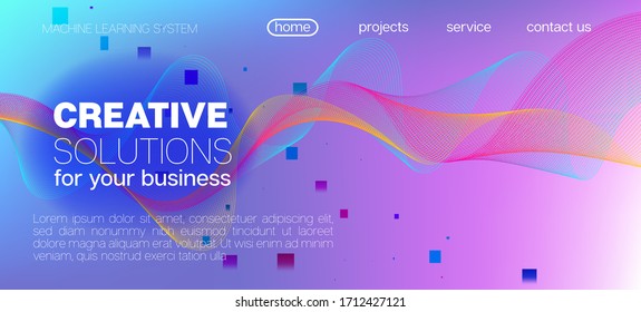 Fallende Teilchen störten violette Vektorillustration. 3D Liquid Shapes Website. Funky Geometrischer Hintergrund. Data Stream Minimal Banner. Big Data Neon Hintergrund. Rosa blauer violetter Farbverlauf-Overlay.
