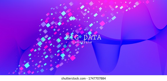 Falling Particles Distressed Purple Vector. Data Analytics Cool Banner. Punk Geometric Background. 3D Flow Shapes Poster. Pink Blue Purple Futuristic Gradient Overlay. Big Data Neon Wallpaper.