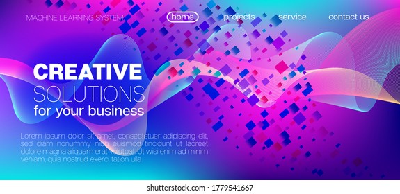 Vector Púrpura Doloroso De Partículas Caídas. Banner mínimo de flujo de datos. Papel de escritorio de Big Data Neon. Diseño de formas de fluidos 3D. Sobreposición de degradado futurista rosa azul morado azul morado. Fondo Geométrico Resumen.