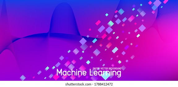 Fallende Teilchen störten violetten Vektorgrafik. Data Analytics Cool Banner. Big Data Neon-Bildschirmhintergrund. 3D Liquid Shapes Website. brüchiger geometrischer Hintergrund. Rosa blauer violetter Farbverlauf-Overlay.