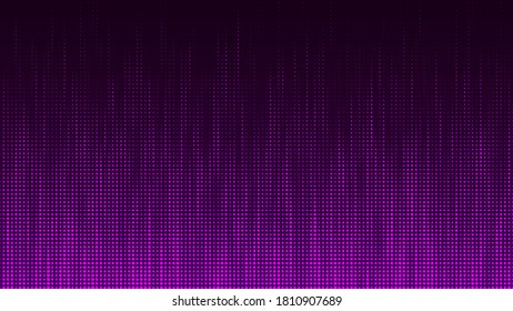 Falling particles. Glitch of matrix. Cybernetic futuristic background. Big data. Virus. Corrupted code. Purple dots. Music wave. Vector illustration.