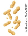Falling peanuts, isolated on transparent background, selective focus. Flying peanut with blurry effect. Can be used for advertising, packaging, banner, poster. Realistic 3d vector illustration