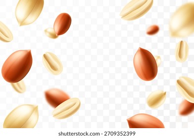 Falling peanuts, isolated on transparent background, selective focus. Flying peanut with blurry effect. Can be used for advertising, packaging, banner, poster. Realistic 3d vector illustration