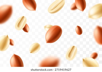 Falling peanuts, isolated on transparent background, selective focus. Flying peanut with blurry effect. Can be used for advertising, packaging, banner, poster. Realistic 3d vector illustration