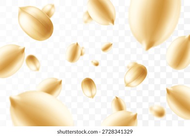 Cayendo cacahuetes, aislados en fondo transparente, foco selectivo. Cacahuete volador con efecto borroso. Puede ser utilizado para la publicidad, el empaquetado, el Anuncio, el cartel. Ilustración vectorial 3D realista