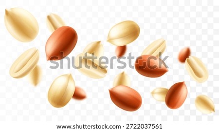 Falling peanuts, isolated on transparent background, selective focus. Flying peanut with blurry effect. Can be used for advertising, packaging, banner, poster. Realistic 3d vector illustration