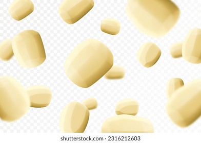 Falling peeled potato, whole vegetables isolated on transparent background, selective focus. Realistic 3d vector illustration