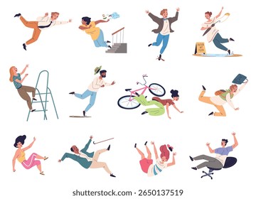 Acidente por queda de pessoas. Queda de pessoa da escada, deslizamento homem slide mulher escadas queda escritório segurança segurança perigo escorregadio chão falha risco definir elegante vetor ilustração original arte