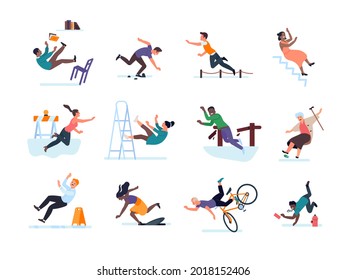 Falling people accidently. Obstacles on way, emergency traumatic situations, loss of balance and bruises, men and women drop in the floor or stairs. Colorful vector set of reasons to fall