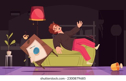 Falling people composition the man slips and falls to the floor with his table in the room vector illustration