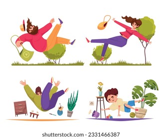 Falling people composition mini scenes of people falling in different situations set vector illustration