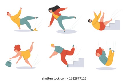 Falling people flat vector illustrations set. Men and women stumbling and falling down stairs characters. Bad luck, misfortune, fiasco.