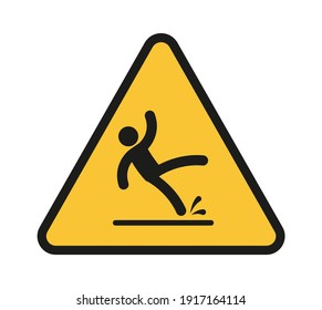 Falling people. Person injury slipping on wet floor. Triangular yellow warning sign, unbalanced man black simple silhouette slips and fall down, danger symbol vector isolated single illustration