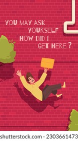 Falling people poster with you may ask yourself how did i get here headline vector illustration