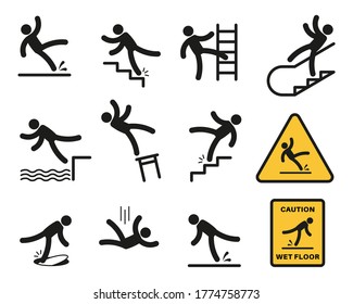 Falling people. Simple silhouette unbalanced people injury slipping on wet floor, tripping. Drop from altitude, fall down stairs and over edge, hazard, warning sign vector isolated set